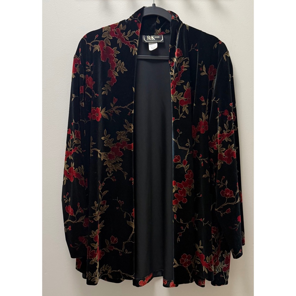 R&K Evening Vintage Velvet Floral Open Front Cardigan Red Gold Size 16
